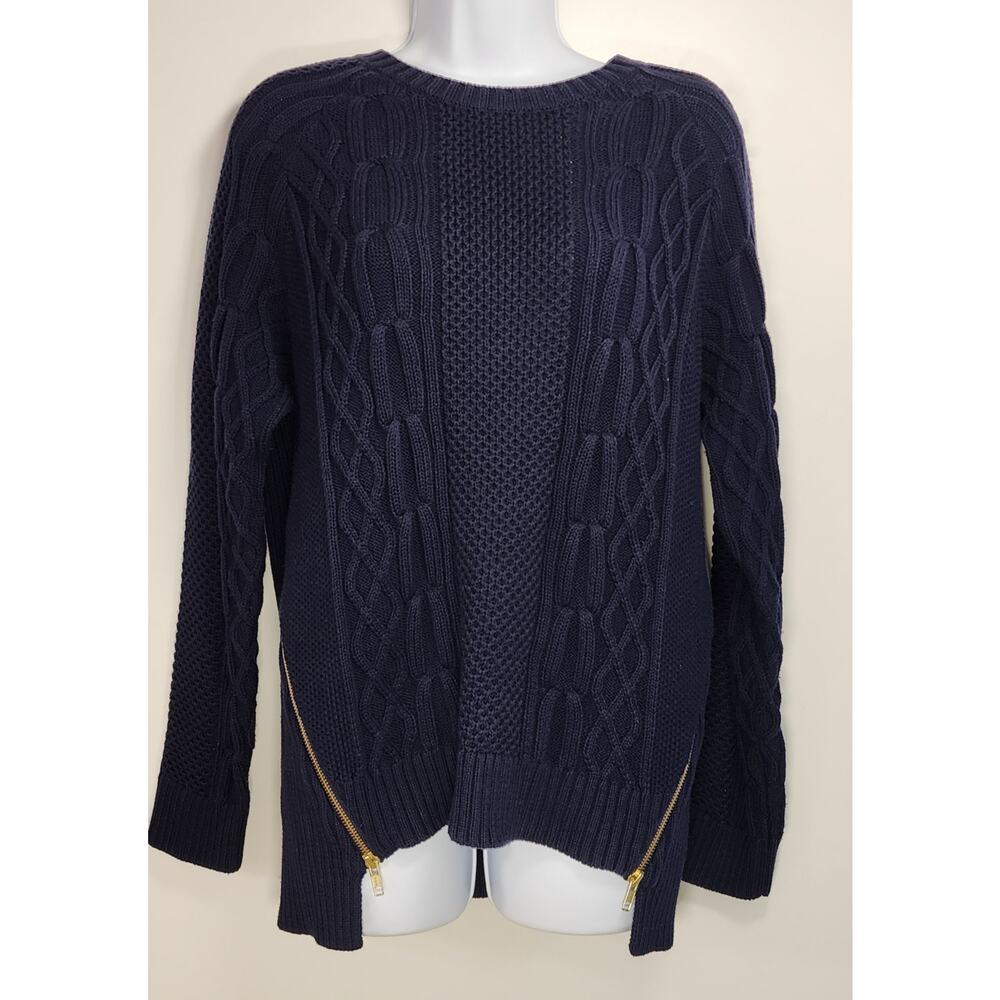 CAbi Cable Knit Sweater XL Blue Zip Side‎ Chunky Cozy Cottagecore